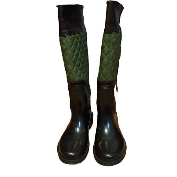 POSH WELLIES Green Brown Quilted Waterproof Rain Boots - Picture 7 of 16